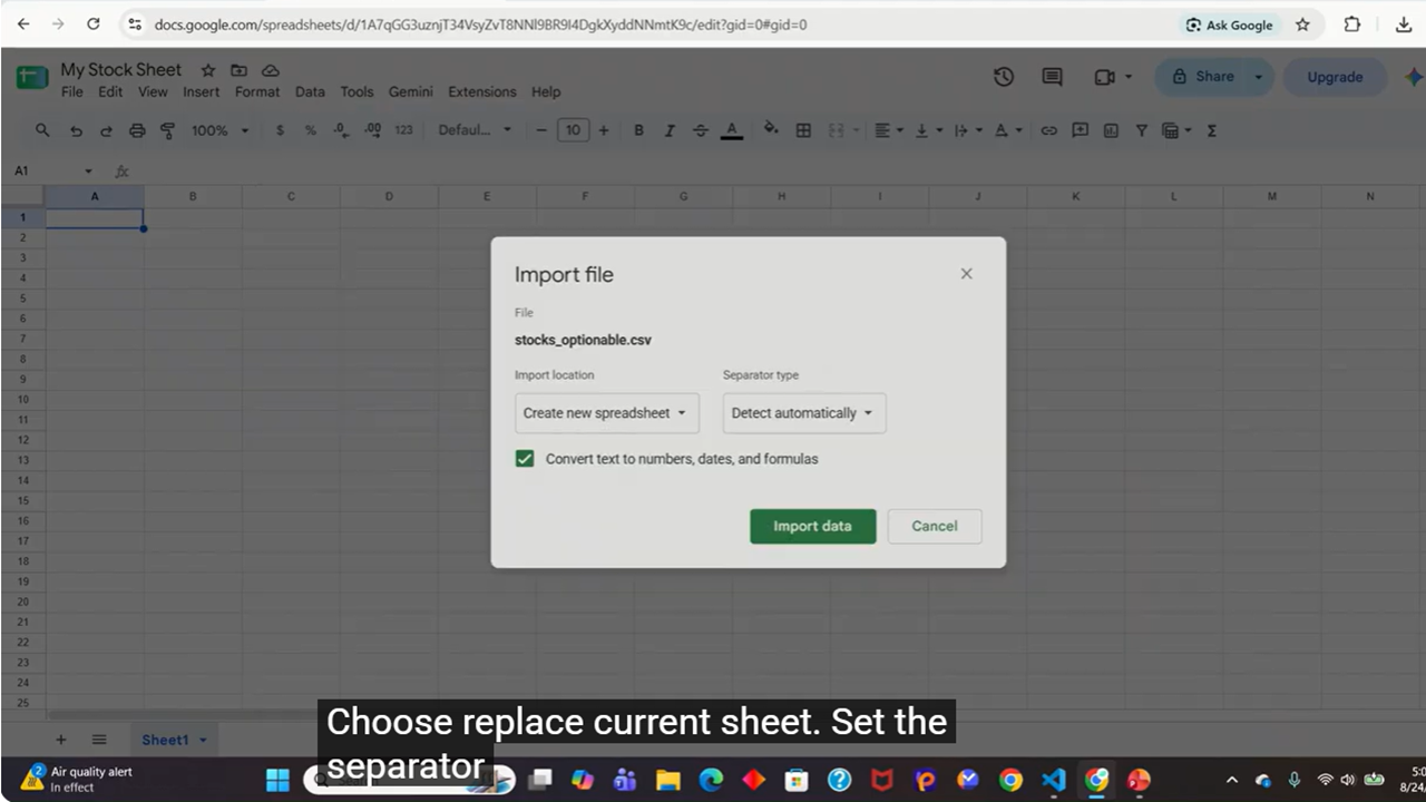 Google Sheets import dialog settings