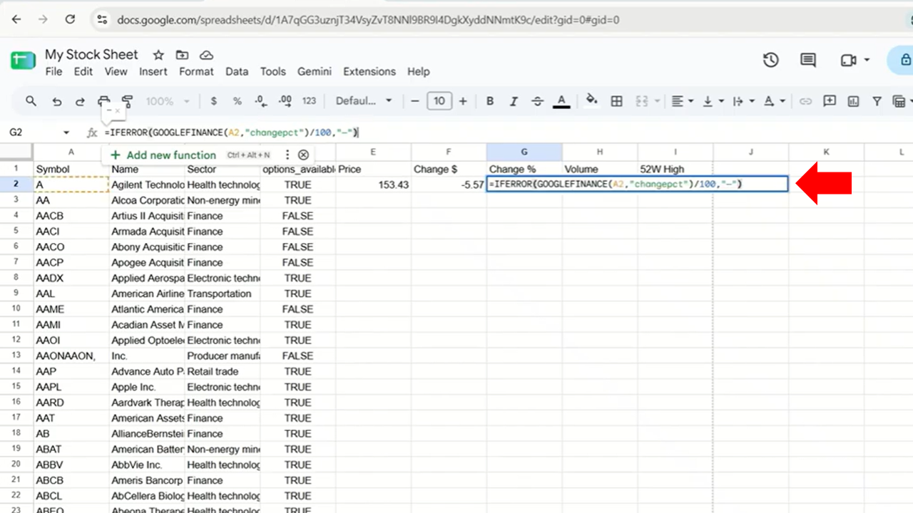 GOOGLEFINANCE formulas entered in row 2
