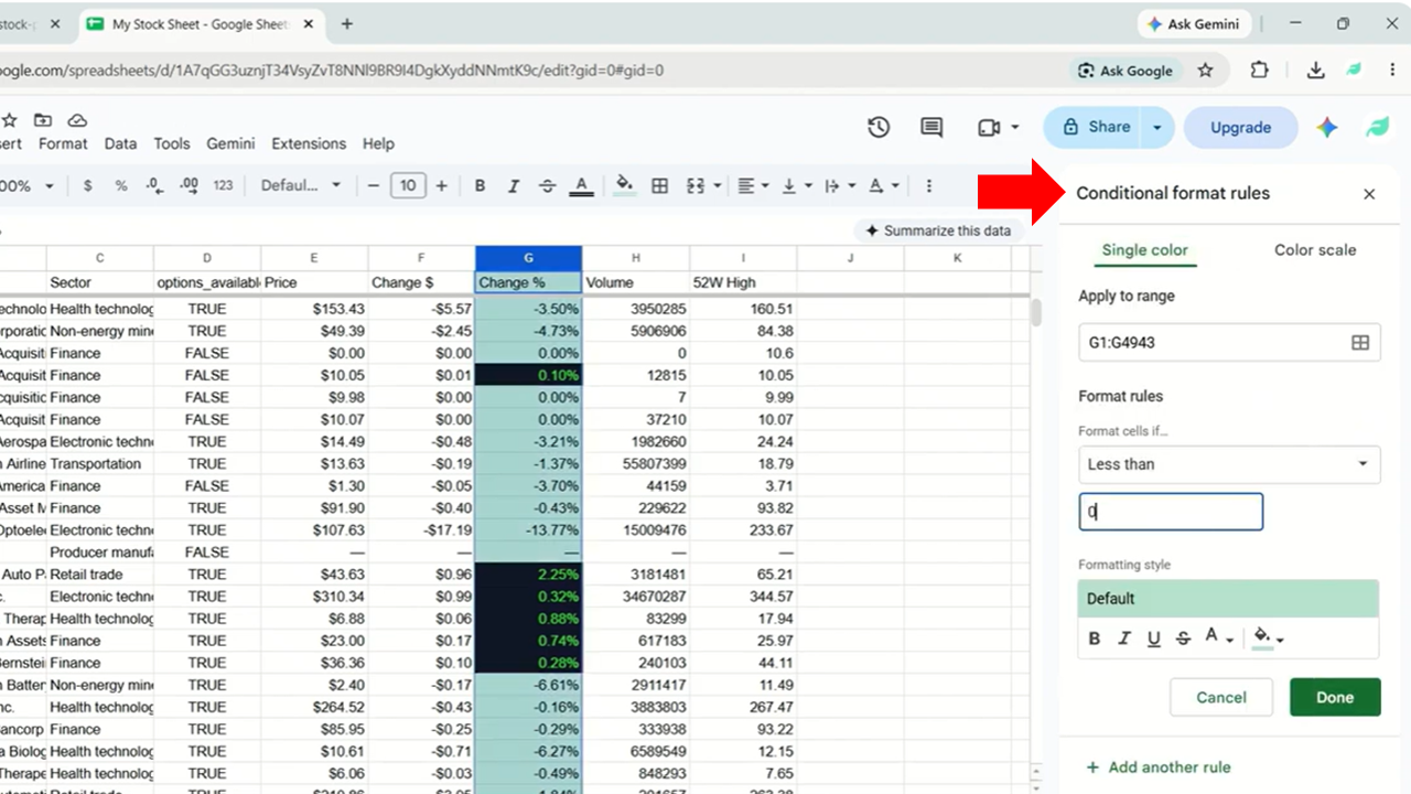Conditional formatting rules panel